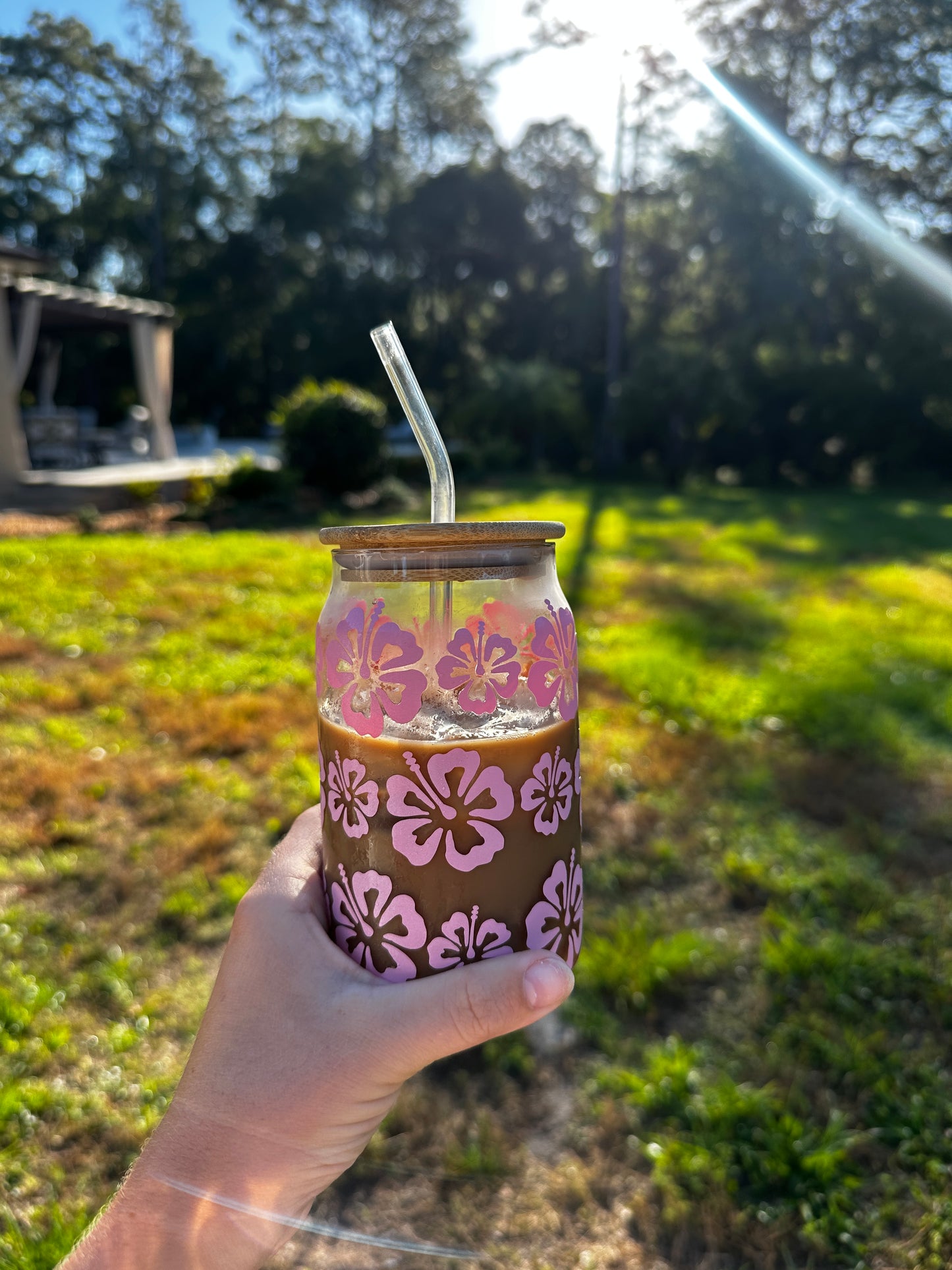 Pink Hibiscus wrapped glass cup