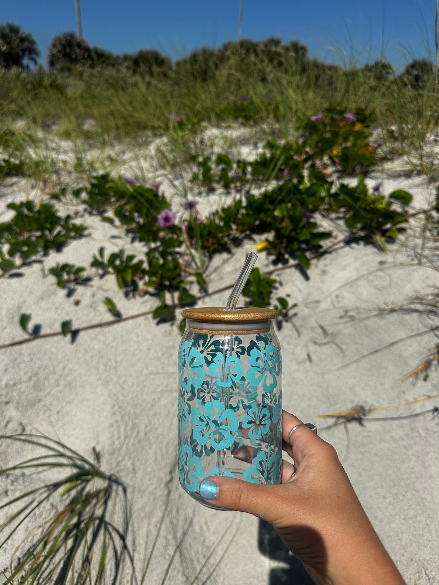 Seafoam Hibiscus wrapped glass cup