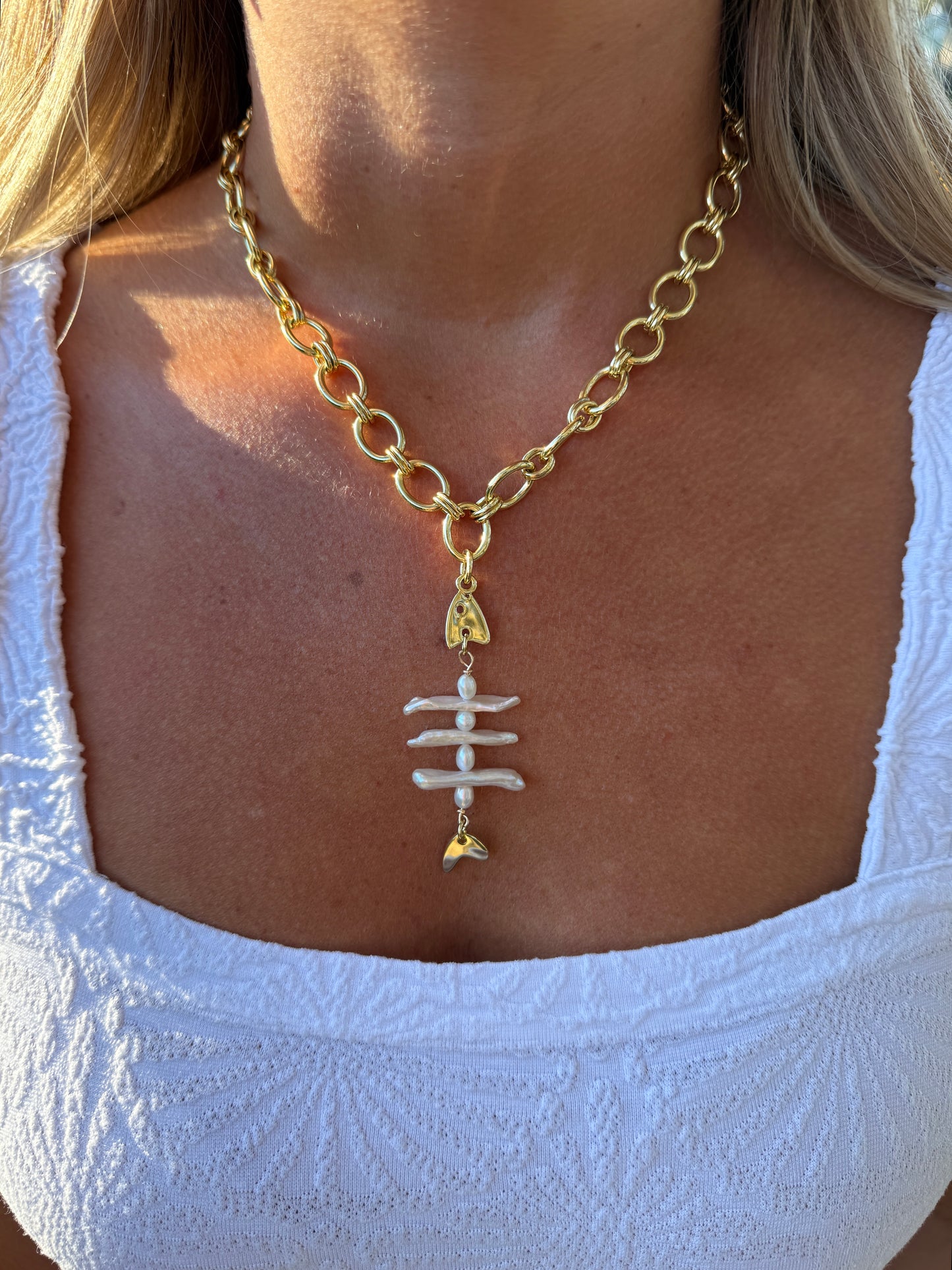 Pearl Fish Bone Necklace- Gold Oval Chain