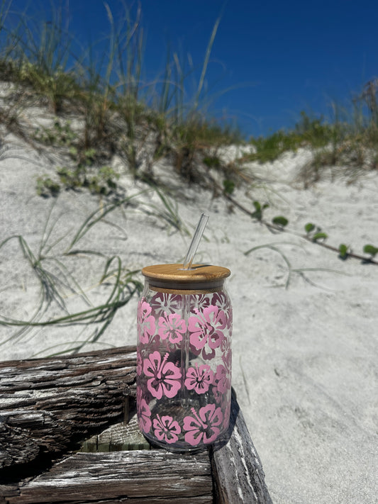 Pink Hibiscus wrapped glass cup