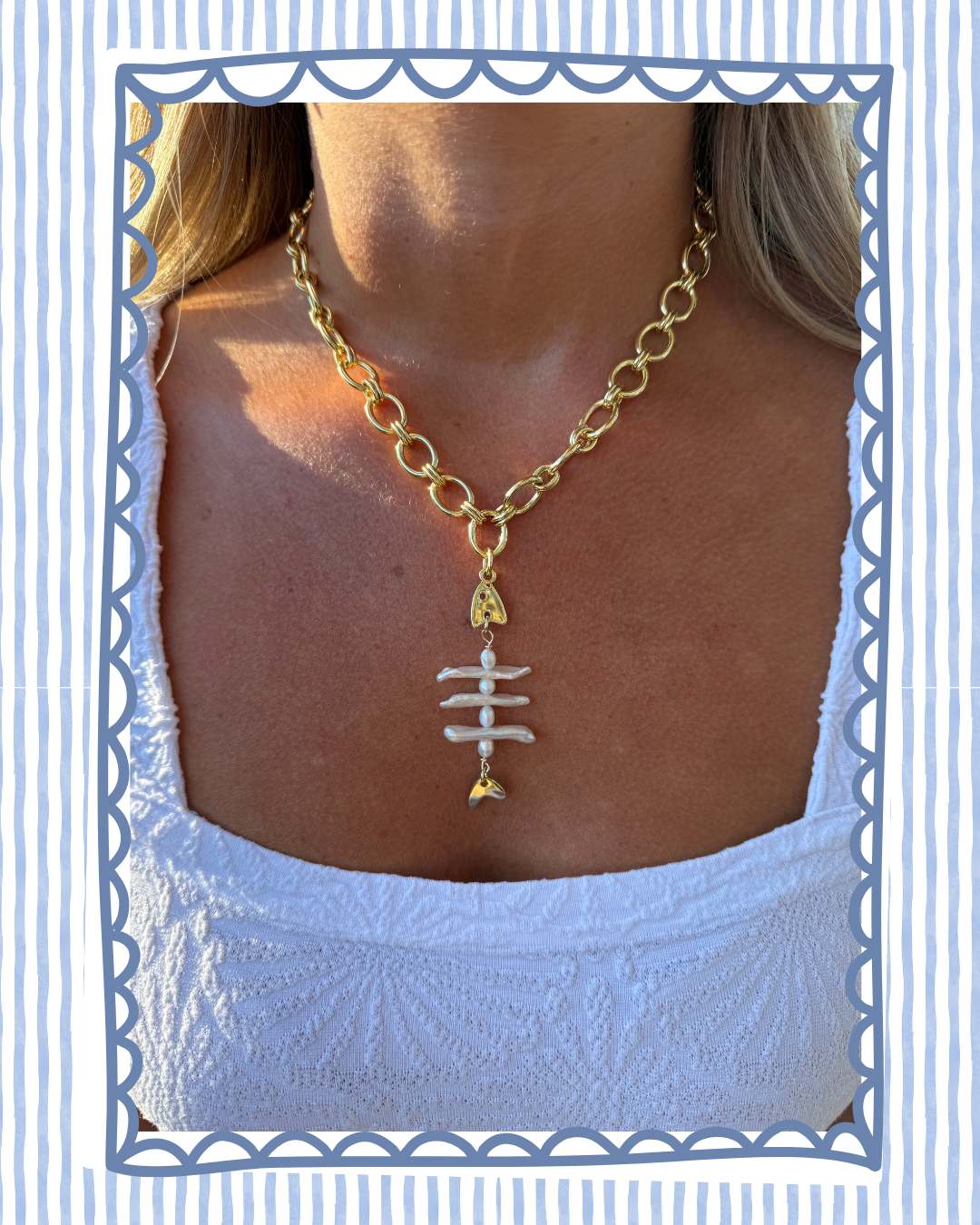 Pearl Fish Bone Necklace- Gold Oval Chain