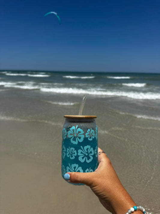 Seafoam Hibiscus wrapped glass cup